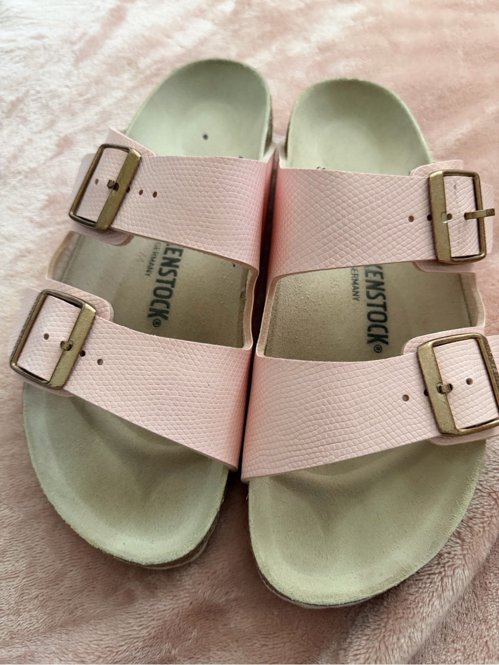 Birkenstock Pink Double Strap Sandals with Gold Buckles